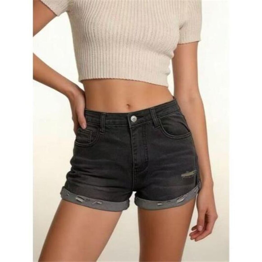 Distressed Denim Roll-Up Shorts